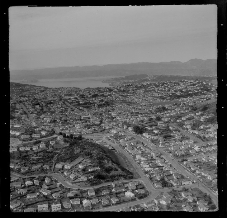 View over the Wellington City western suburb of Karori with Karori Road in foreground